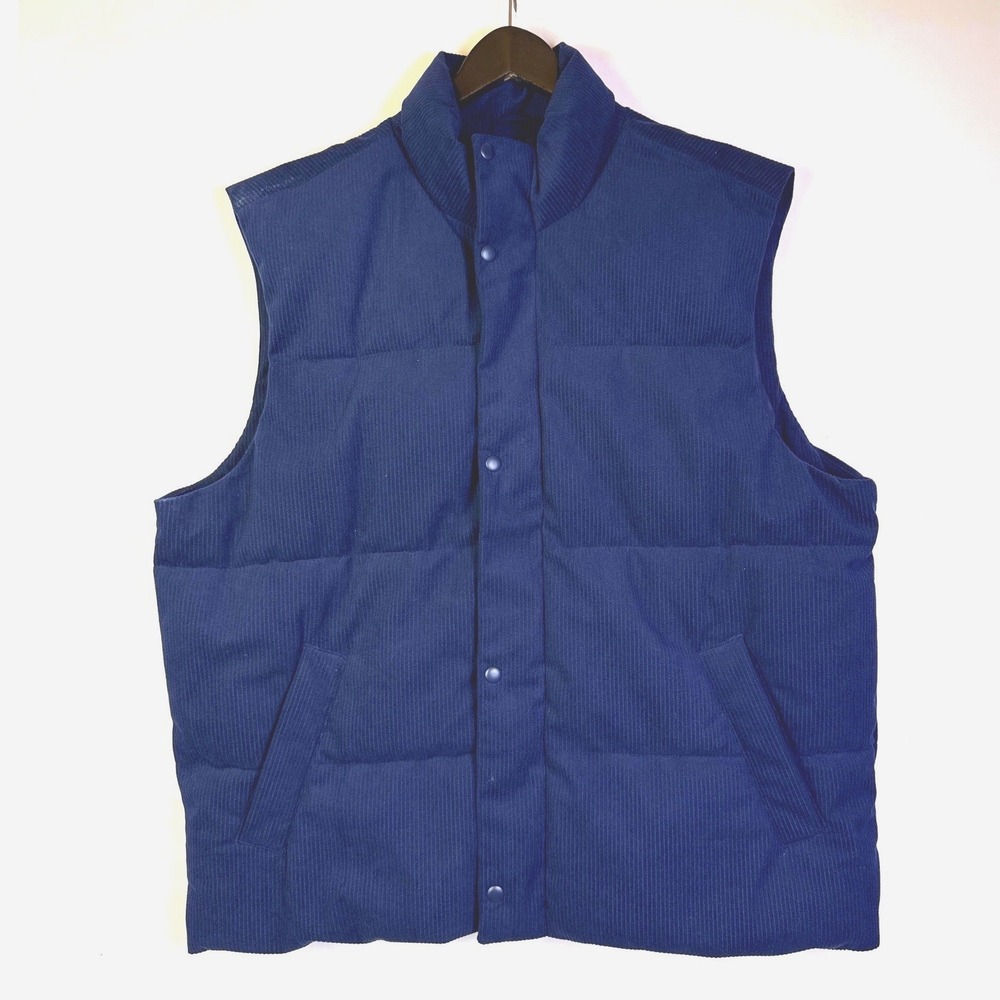 Old Navy Mens XL Corduroy Puffer Vest Navy Blue Quilted Snap Front D39327-478061